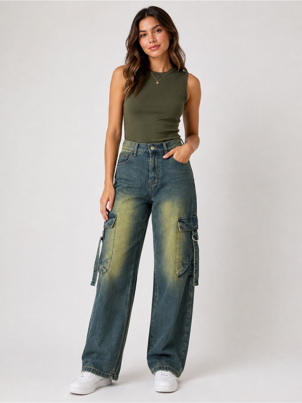 Refuge Women’s Cargo Wide Leg Jeans Size LG Medium Wash Utility Pocket Denim